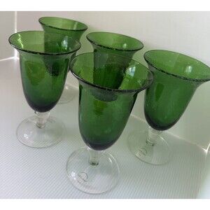 ARTLAND 7.5” Green Iris Bubble Glass Hand Blown 14oz Water Wine Goblet Set Of 5